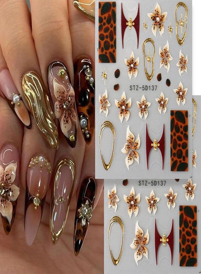 OSTTMA 2 Sheets Fall Flower Nail Art Stickers 5D Embossed Nail Decals Brown Flowers Leopard Print Gold Frame Design Sticker Self-Adhesive Nails Supplies for Women Autumn Winter Nails Art Decorations - Image 2